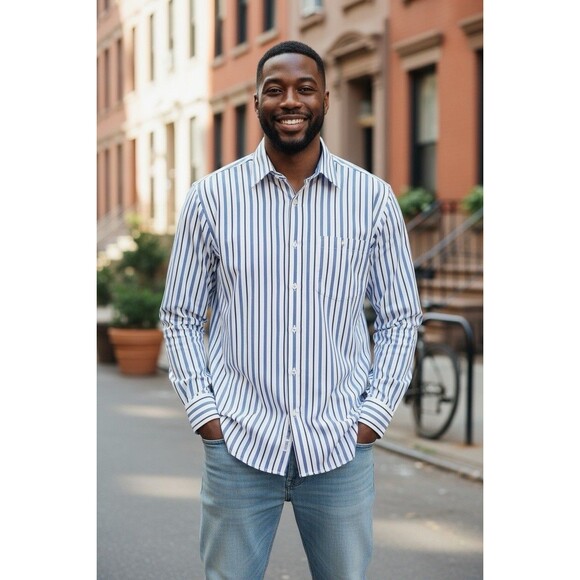 Alex Cannon Shirt Men’s L Blue Stripped Long Sleeve Button-Down 100% Cotton - Picture 1 of 6